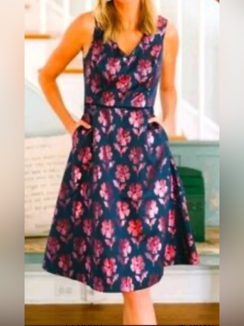 Draper James NWT JACQUARD Dress Navy with Metallic Pink Floral. Pit-pit20 (mix51 - Picture 2 of 13